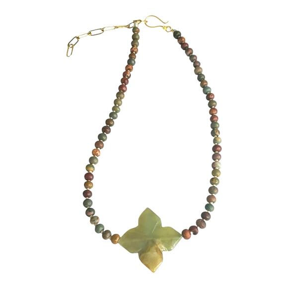 Earth Tones Green Brown Semiprecious Gemstones Mixed Beaded Pendant Necklace - Picture 1 of 6